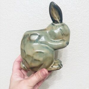Adorable Glazed Clay sitting Bunny Rabbit Tea Candle Holder blue tan pottery
